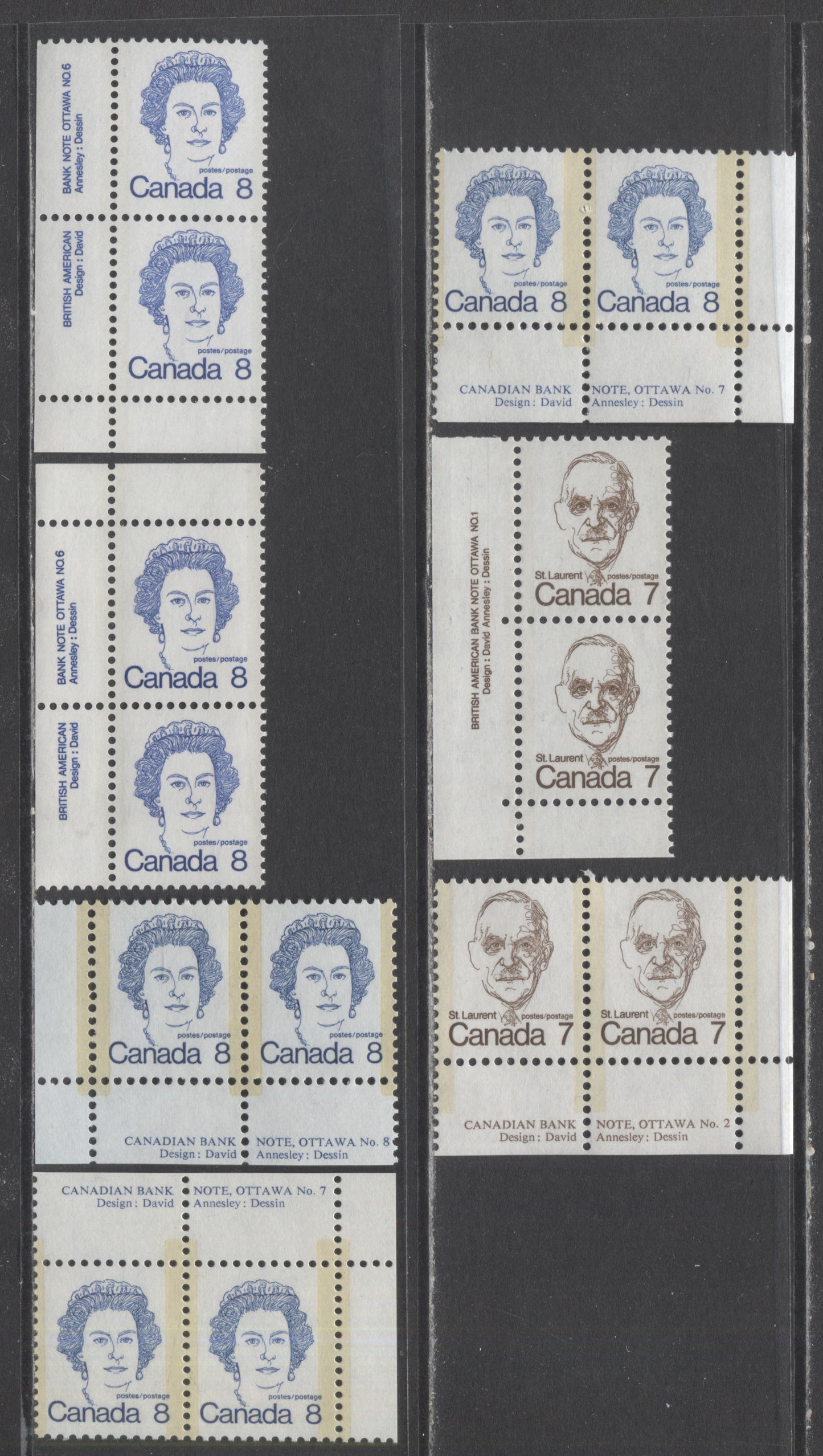 Lot 320 Canada #592, 592iii, 593vii, 593viii, 593b, 593bi 7c,8c Dark Brown, Royal Blue St. Laurent, Queen Elizabeth II, 1973 - 1976 Caricature Issue, 7 VFNH Plate Pairs With Various Papers And Tagging