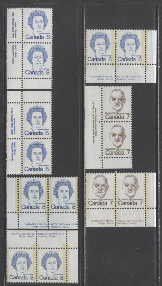 Canada #592, 592iii, 593vii, 593viii, 593b, 593bi 7c,8c Dark Brown, Royal Blue St. Laurent, Queen Elizabeth II, 1973 - 1976 Caricature Issue, 7 VFNH Plate Pairs With Various Papers And Tagging