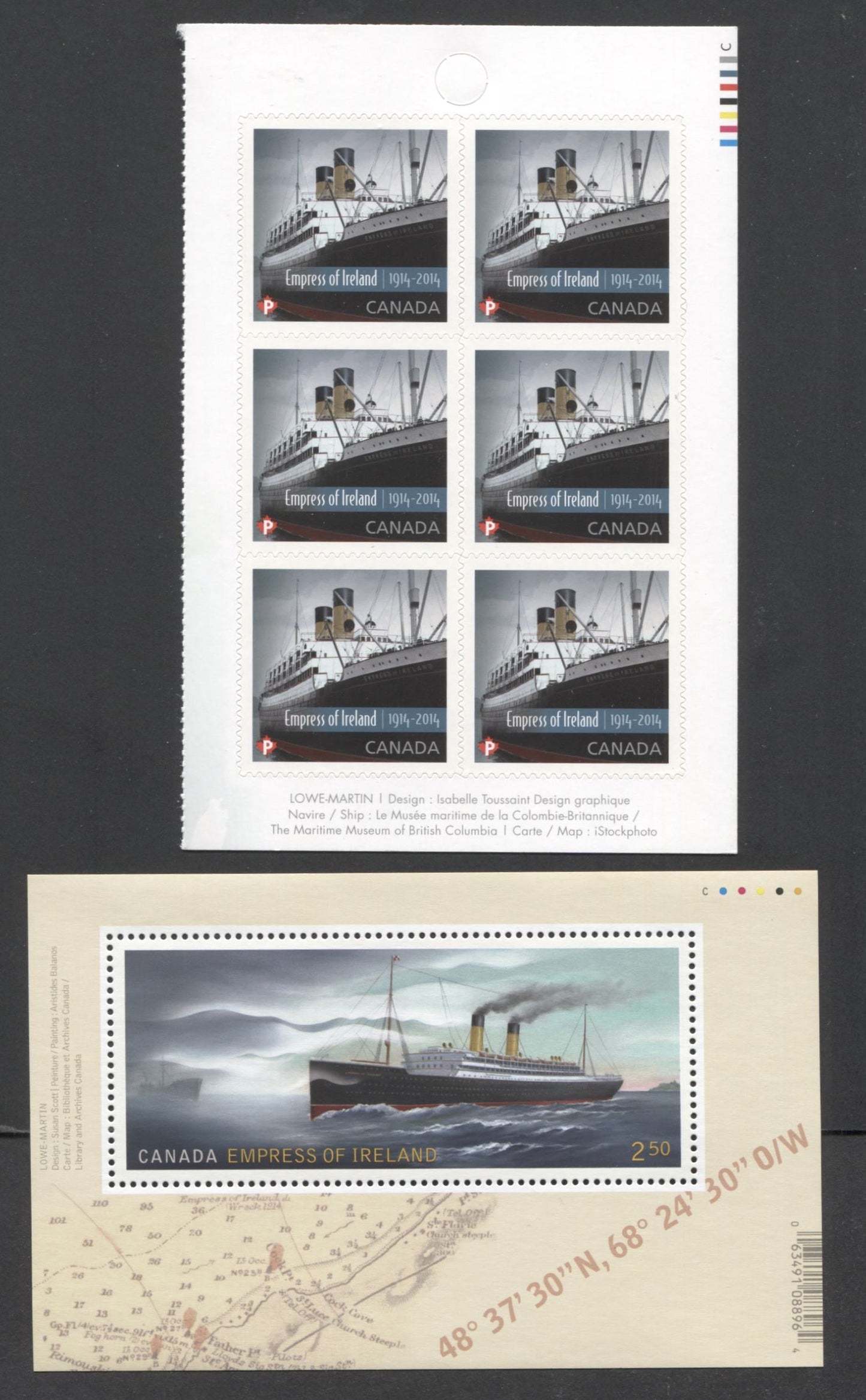 Lot 32 Canada #2746-2747 P(85c) & $2.50 Multicolored Empress OF Ireland, 2014 Empress OF Ireland, 2 VFNH Booklet Pane Of 6 & Souvenir Sheet