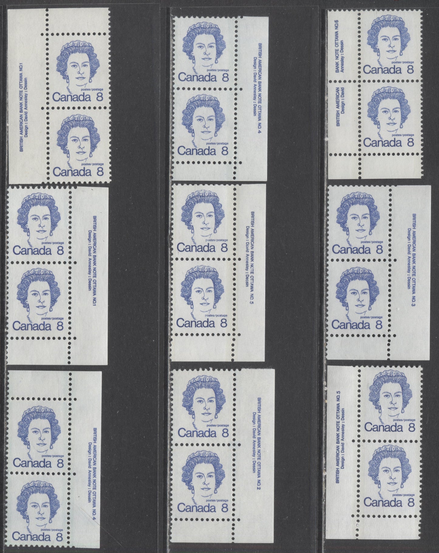 Lot 322 Canada #593-593i,593iii-593ix,593b 8c Royal Blue Queen Elizabeth II, 1973 - 1976 Caricature Issue, 9 VFNH Plate Pairs Showing Different Plates And Papers Including Unlisted