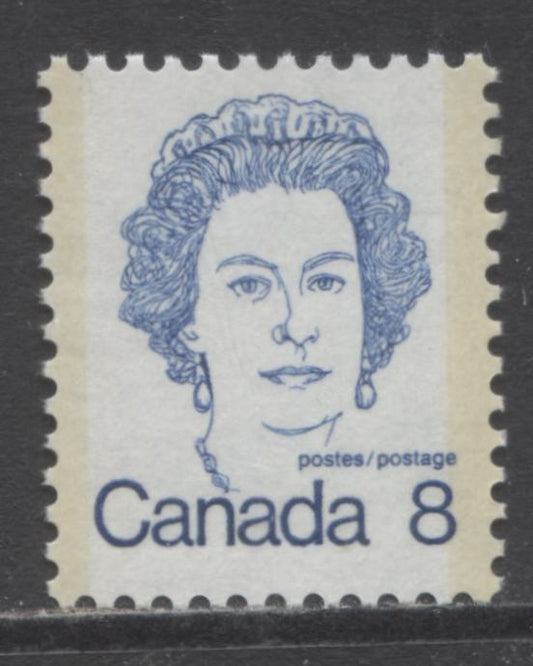 Canada #593vii 8c Royal Blue Queen Elizabeth II, 1973 - 1976 Caricature Issue, A VFNH Single On NF/NF Paper, Tag Wash On Back