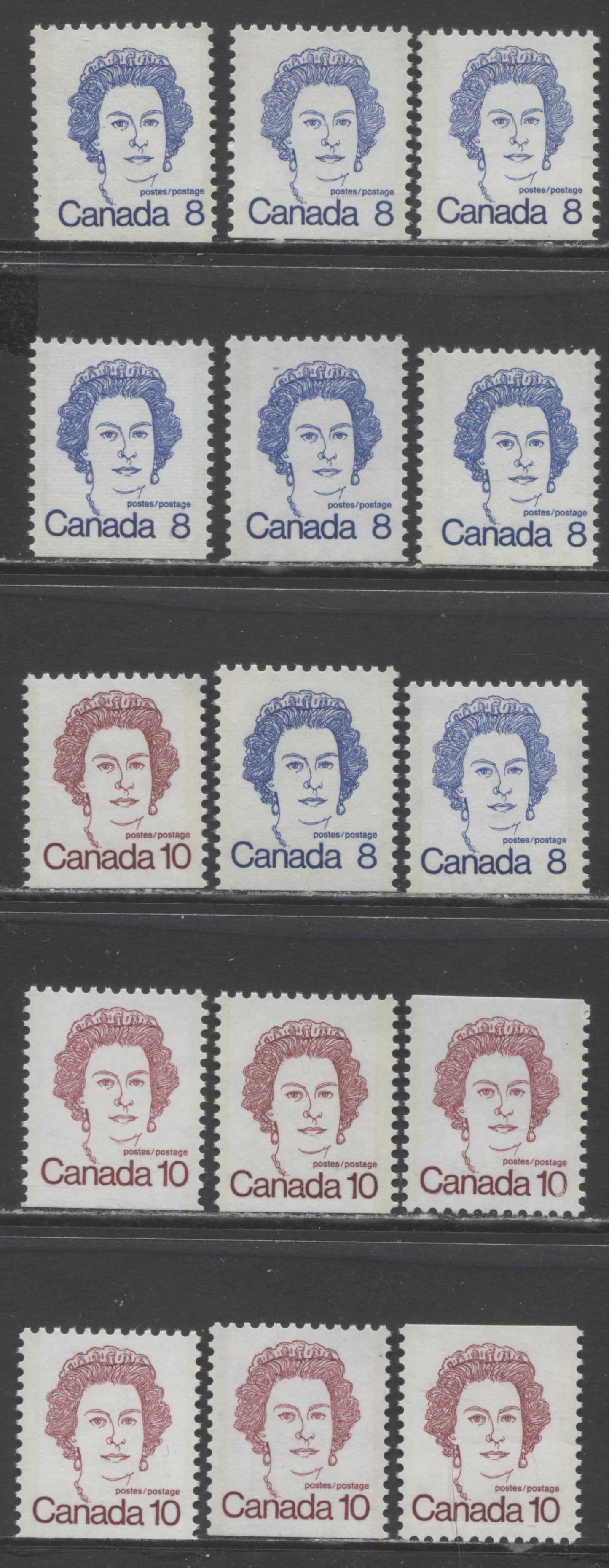 Lot 327 Canada #593xxi-593xxvi, 593Ac-593Acii 8c,10c Royal Blue, Dark Carmine Queen Elizabeth II, 1973 - 1976 Caricature Issue, 15 VFNH Booklet Singles All Listed Singles Except HB Paper