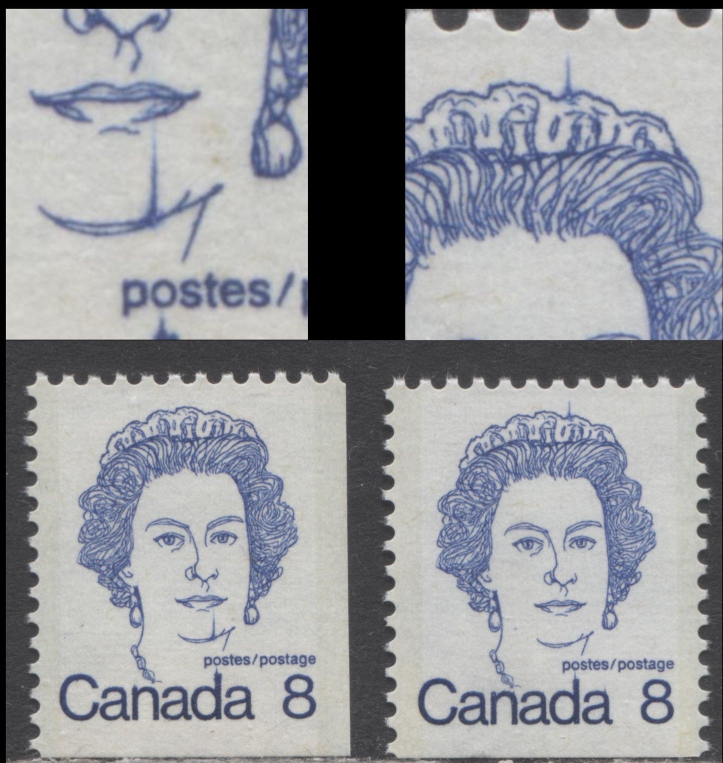 Lot 329 Canada #593xxvi 8c Royal Blue Queen Elizabeth II, 1973 - 1976 Caricature Issue, 2 VFNH Booklet Singles On MF Paper With Unlisted Line From Crown And Scar On Face Varieties