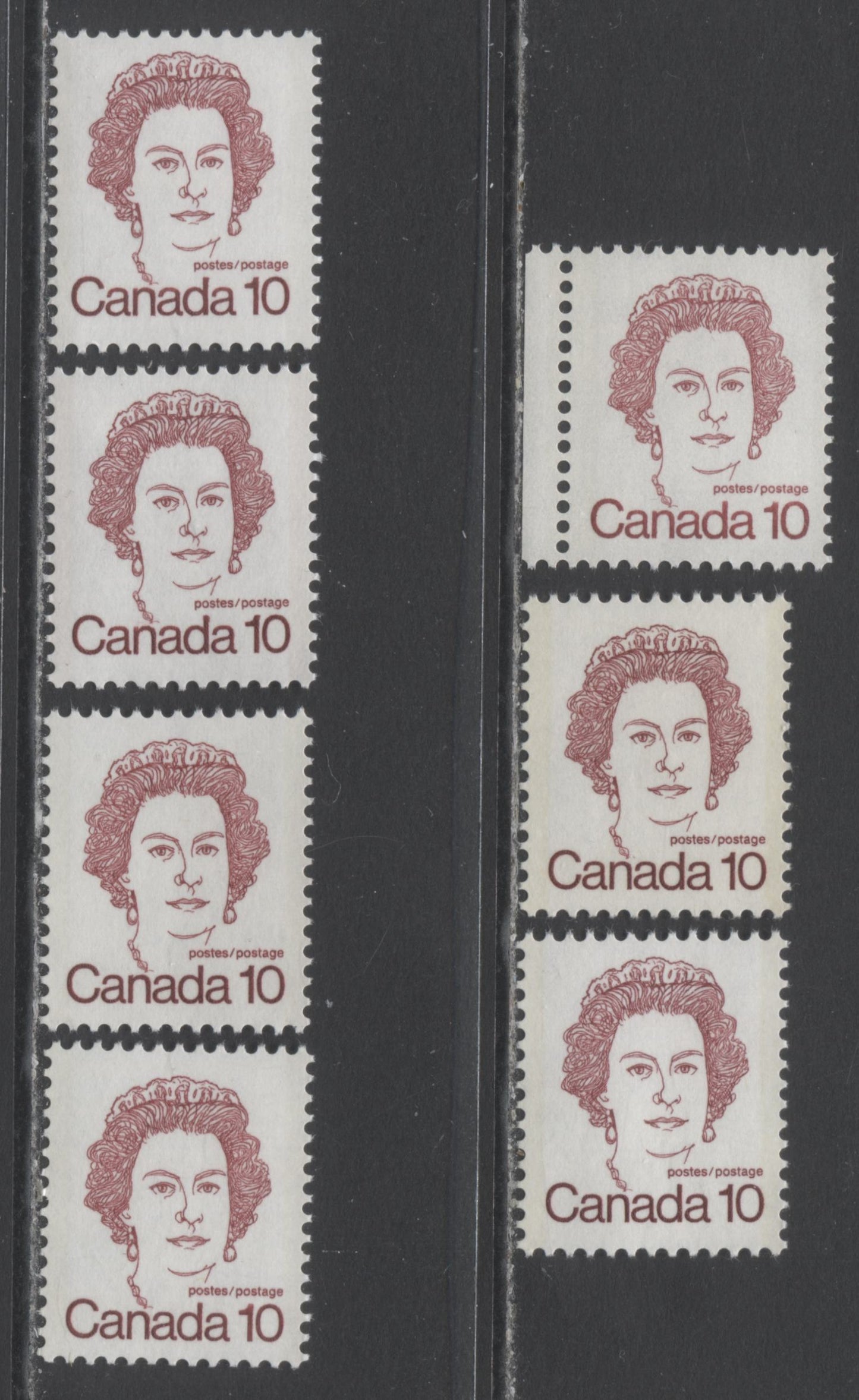 Lot 330 Canada #593A-593Aiii 10c Dark Carmine Queen Elizabeth II, 1973 - 1976 Caricature Issue, 7 VFNH Singles On NF, DF, LF, MF Papers