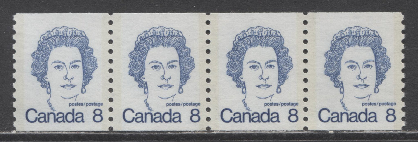 Lot 332 Canada #604 8c Royal Blue Queen Elizabeth II, 1974 - 1976 Caricature Definitives - Coil Stamps Issue, A VFNH Strip Of 4 On NF/DF Paper With Strong Trace Of Ghost Tagging Bars On Back