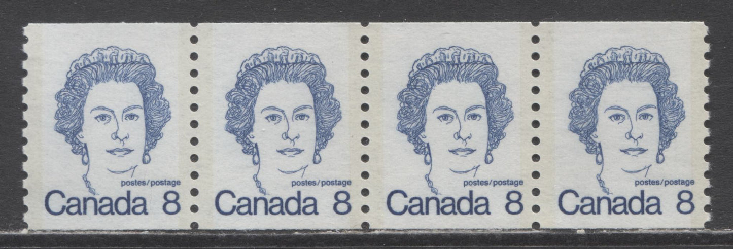 Lot 57 Canada #604 8c Royal Blue Queen Elizabeth II, 1974 - 1976 Caricature Definitives - Coil Stamps Issue, A VFNH Strip Of 4 On NF/DF Paper With Strong Trace Of Ghost Tagging Bars On Back