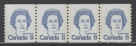 Lot 57 Canada #604 8c Royal Blue Queen Elizabeth II, 1974 - 1976 Caricature Definitives - Coil Stamps Issue, A VFNH Strip Of 4 On NF/DF Paper With Strong Trace Of Ghost Tagging Bars On Back