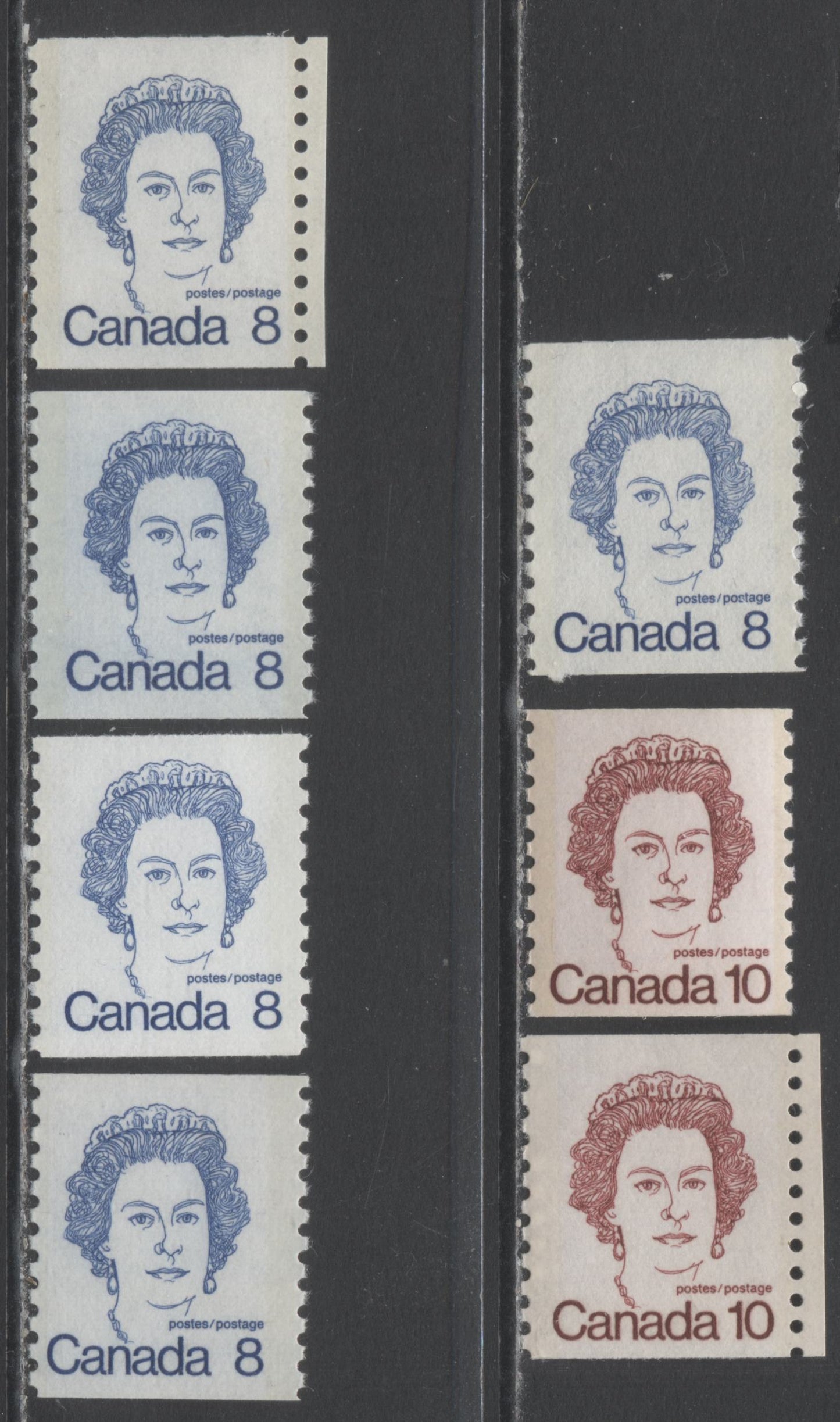 Lot 337 Canada #604-604viii, 605iii 8c,10c Royal Blue, Dark Carmine Queen Elizabeth II, 1974 - 1976 Caricature Definitives - Coil Stamps Issue, 7  Singles On NF, DF, LF, HF, HB Papers