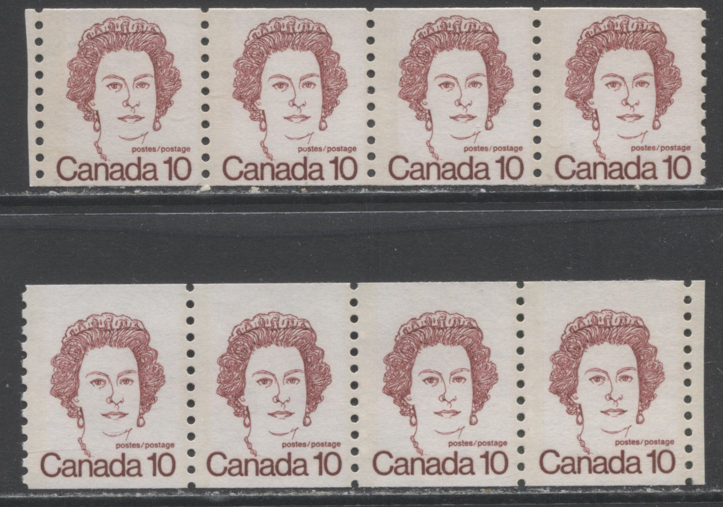 Lot 338 Canada #605iii 10c Dark Carmine Queen Elizabeth II, 1974 - 1976 Caricature Definitives - Coil Stamps Issue, 2 VFNH Strips Of 4 On NF Paper, Extremely Short & Tall Strips