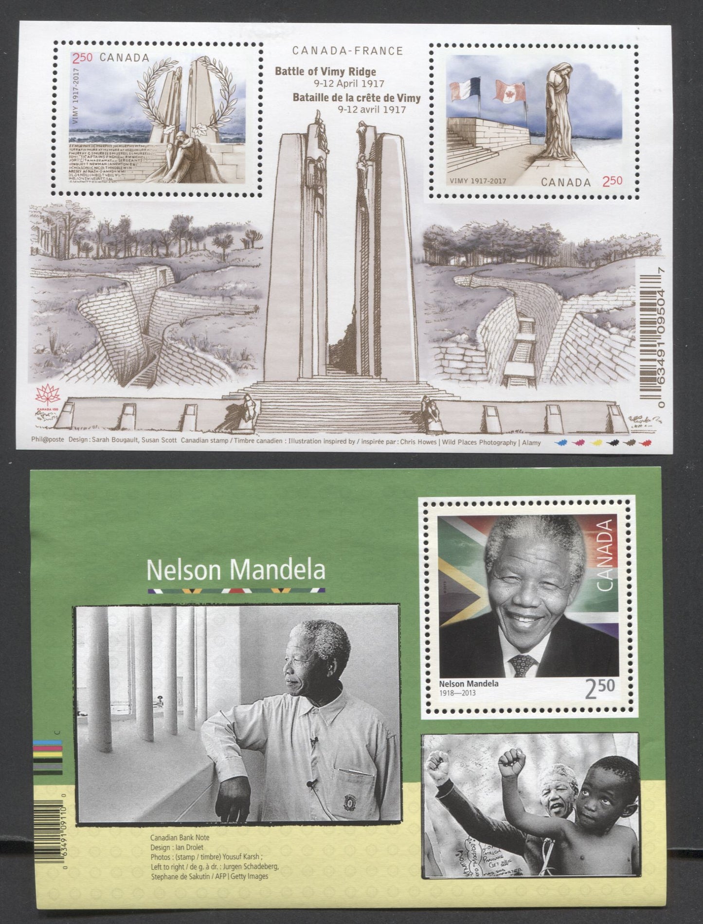Lot 35 Canada #2805, 2981 $2.50 Multicolored Nelson Mandela & Vimy Ridge, 2015 & 2017 Nelson Mandela & Vimy Ridge Issues, 2 VFNH Souvenir Sheets On Low Fluorescent Paper
