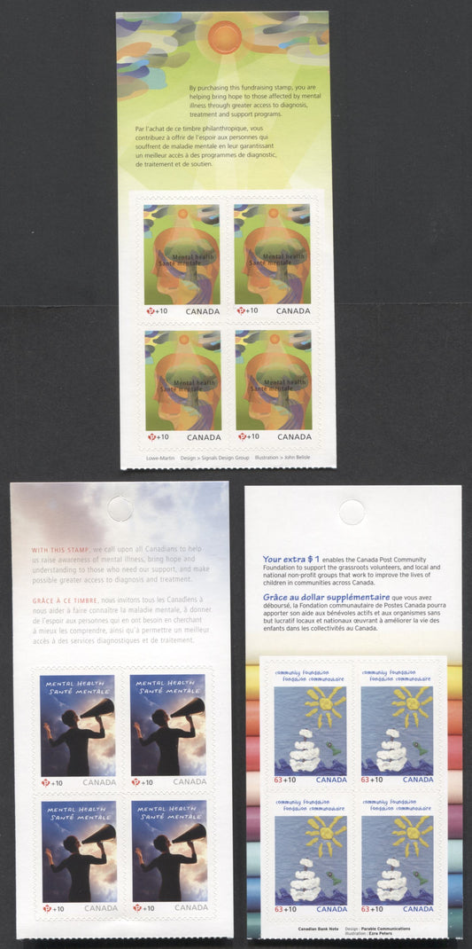 Canada #B14-B15, B20 P(52c, 54c & 73c) + 10 Multicolored Figure, Natural Scenery & Floating Adrift, 2008, 2009 & 2013 Mental Health & Canada Post Community Foundation Semi Postals, 3 VFNH Booklet Panes Of 4