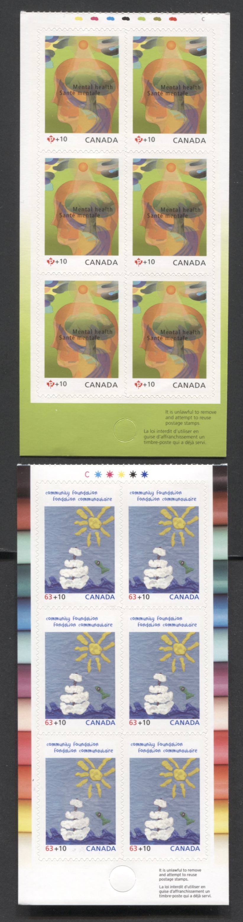 Lot 40 Canada #B15, B20 P(54c & 63c)+10 Multicolored Natural Scenery & Floating Adrift, 2009 & 2013 Mental Health & Canada Post Community Foundation Semi Postals, 2 VFNH Booklet Panes Of 6 With Inscription
