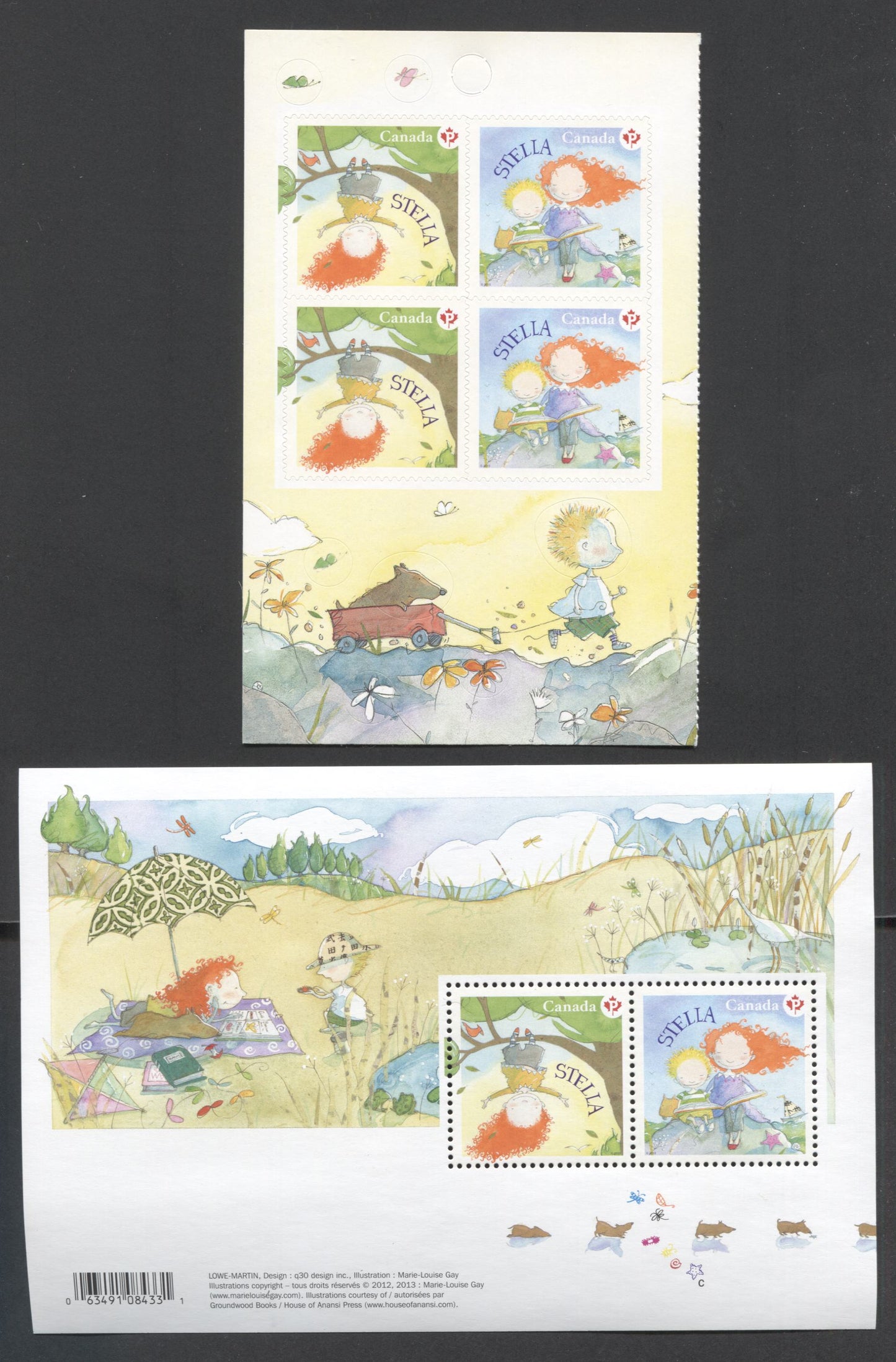 Lot 4 Canada #2652-2654 P(63c) Multicolored Hanging From Tree-Reading Book, 2013 Stella, 2 VFNH Booklet Pane Of 4 & Souvenir Sheetlet