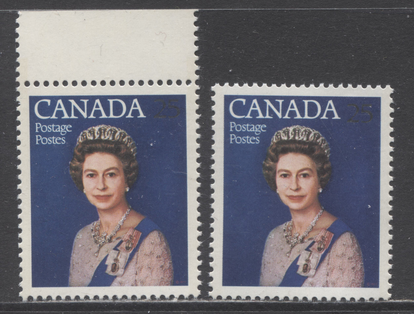 Lot 41 Canada #704iivar 25c Silver & Multicolored Queen Elizabeth II, 1977 Silver Jubilee Issue, 2 VFNH Singles With Dropped Silver Numerals On DF-fl Paper