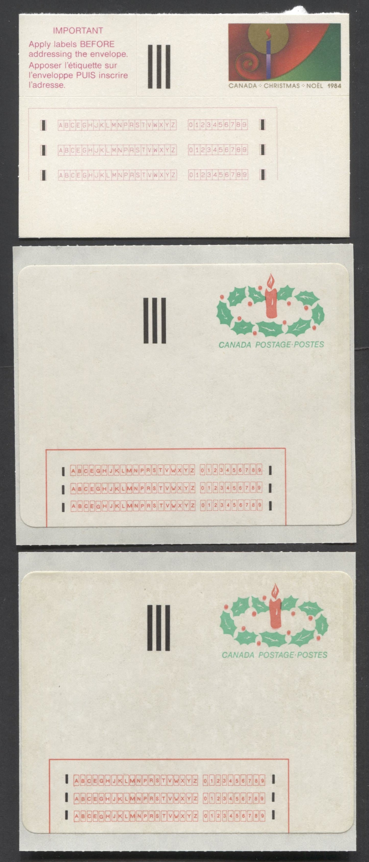 Lot 45 Canada #1ST, 2ST  Multicolored Candle & Holly, 1983-1984 Christmas Issue, 3 VFNH Stick N' Tic Labels With Strong & Weaker Tag Bars On The 1983 Label, Labels Are MF/HF & LF Papers