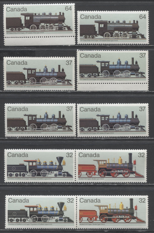 Canada #1036-1039 32c-64c Multicolored Scotia 0-6-0 - CP Class D10a, 1984 Canadian Locomotive Issue, 8 VFNH Singles & Pairs With Different Shade Varieties