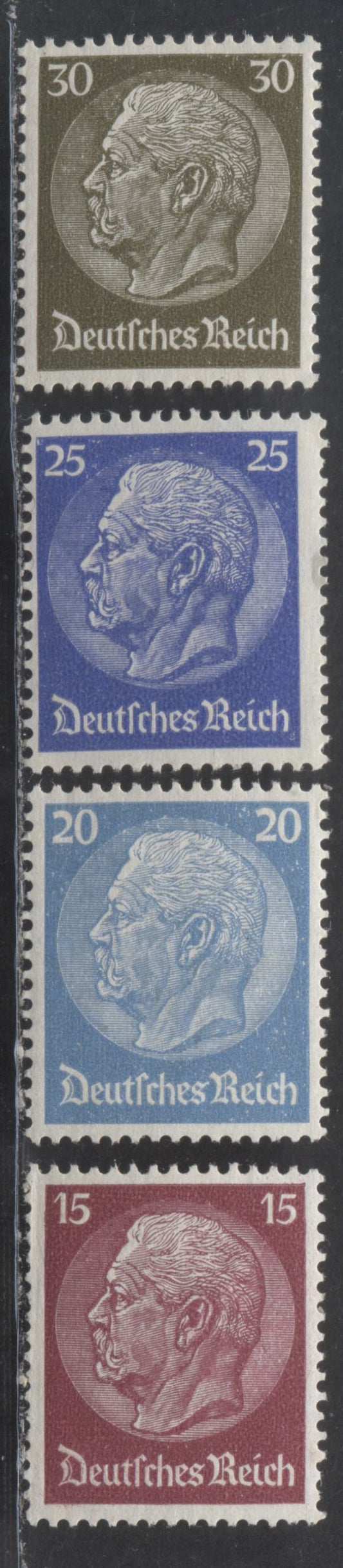 Lot 69 Germany SC#423-426 1933-1936 Hindenburg Issue, Swastika Wmk, 4 F/VFNH Singles, Click on Listing to See ALL Pictures, 2022 Scott Classic Cat. $15.25 USD