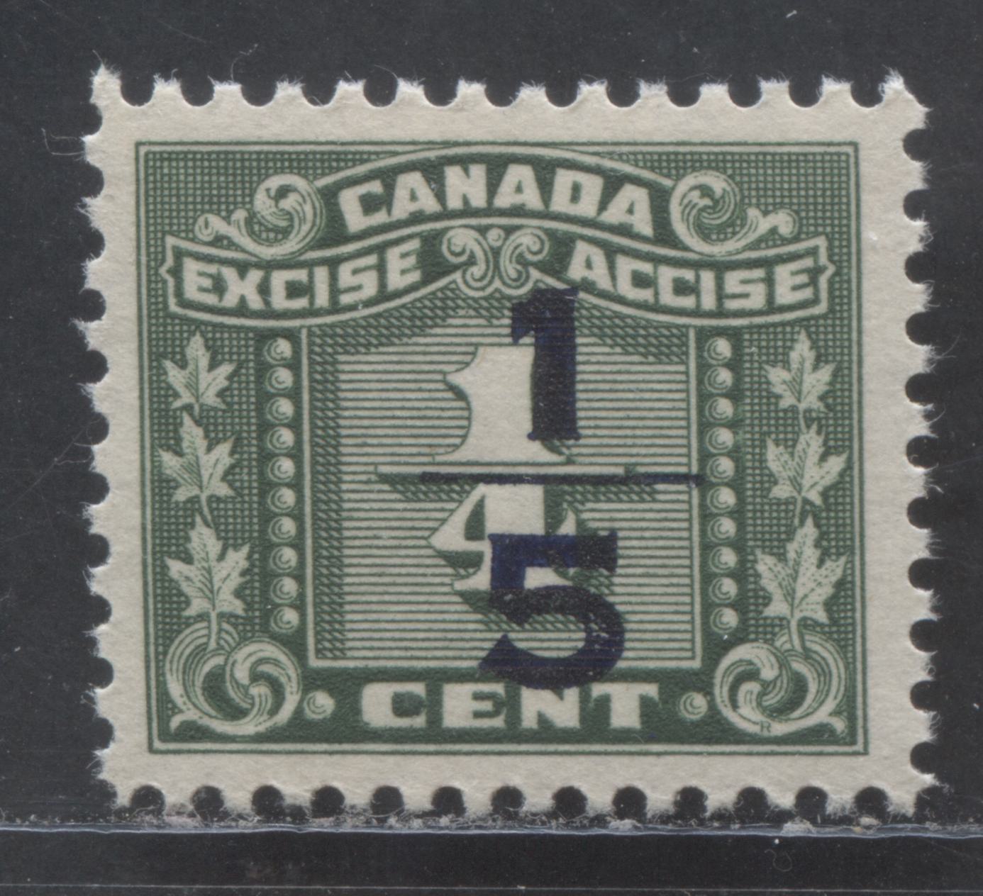 Canada #FX104 1/5c On 1/4c Green, 1932 - 1948 Surcharge On Three Leaf Excise Issue, A VFNH Single With Cream Gum