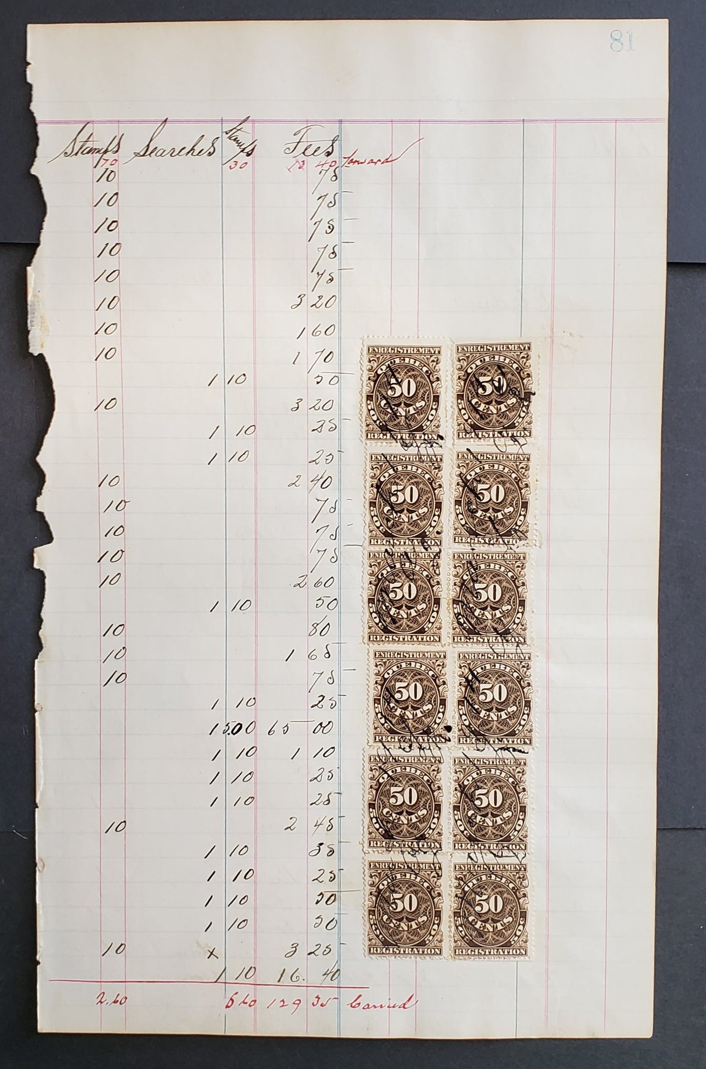 Lot 90 Canada #QR21 50c Brown, 1912 Registration Issue, 12 Singles On Ledger Page, Cancelled In 1914