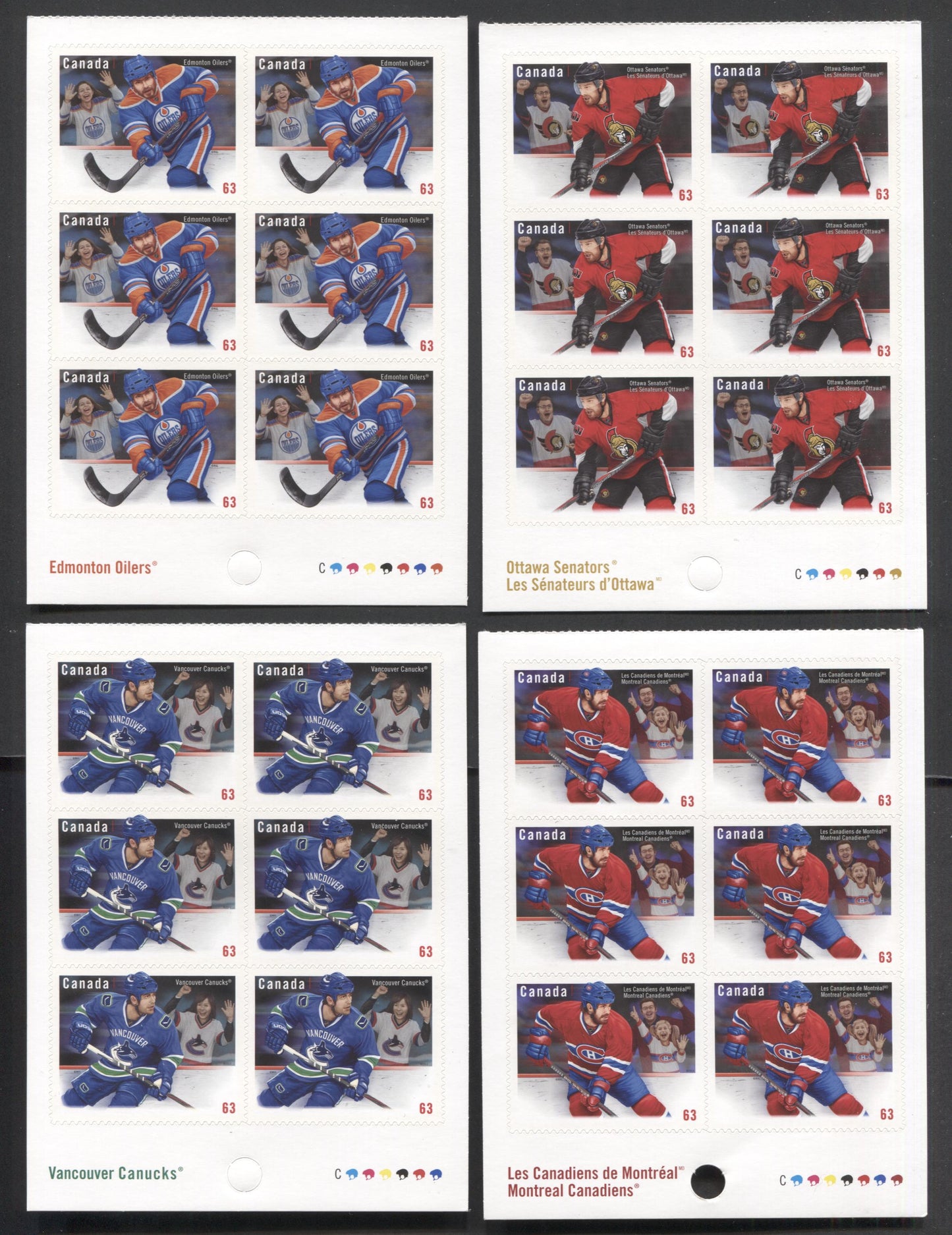 Lot 9 Canada #2670-2673 63c Multicolored Vancouver Canucks-Ottawa Senators, 2013 Canadian NHL Jersey's Issue, 4 VFNH Booklet Panes Of 6