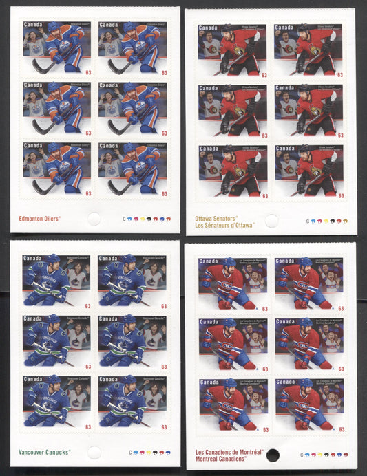 Lot 9 Canada #2670-2673 63c Multicolored Vancouver Canucks-Ottawa Senators, 2013 Canadian NHL Jersey's Issue, 4 VFNH Booklet Panes Of 6