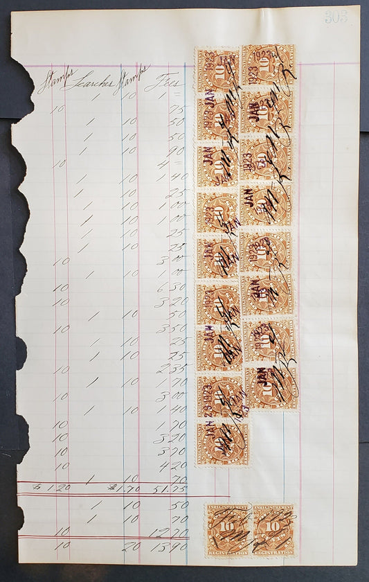 Lot 92 Canada #QR17 10c Bistre, 1912 Registration Issue, 19 Singles Used On 1923 Ledger Page
