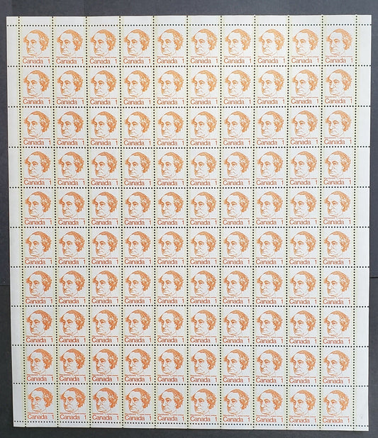 Lot 94 Canada #586 1c Deep Orange Sir John A Macdonald, 1973-1976 Caricature Definitives Issue, A VFNH Field Stock Sheet Of 100 On Smooth, Low Fluorescent LF/LF Paper (Bluish Under UV), Moderate Tagging