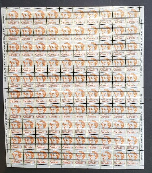 Lot 95 Canada #586xxi 1c Orange Sir John A Macdonald, 1973-1976 Caricature Definitives Issue, A VFNH Field Stock Sheet Of 100 On Smooth, LF/LF Paper, Precancelled, With Full Warning Strips On Both Right And Left Sides