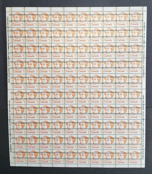 Lot 96 Canada #586xxiii 1c Orange Sir John A Macdonald, 1973-1976 Caricature Definitives Issue, A VFNH Precancelled Full Sheet Of 100 On Rough NF/NF Paper, With Full Warning Strips At Left And Right, Vertical Ribbed Paper