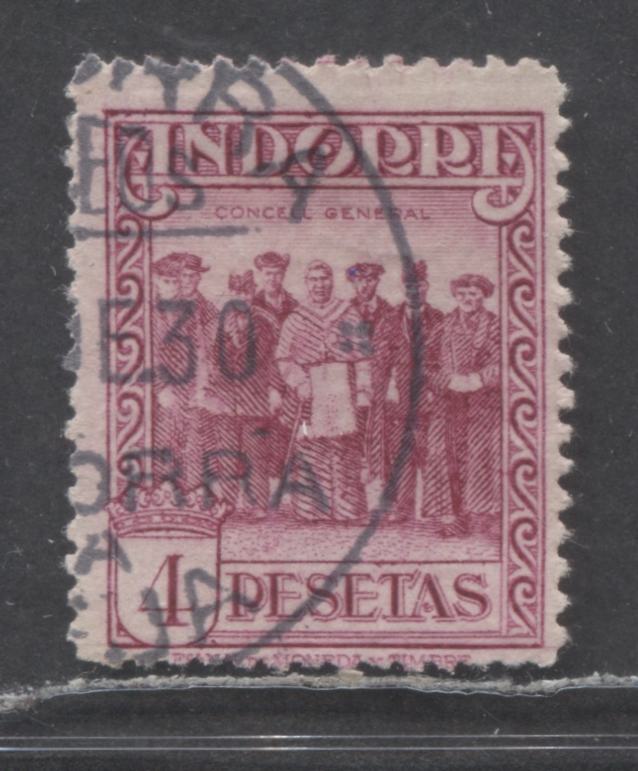 Lot 1 Andorra Spanish Admin SC#23 4Pta Violet Red 1929 Definitive Issue, Perf 14, Control Number On Back,A Fine Used Single, Click on Listing to See ALL Pictures, 2022 Scott Classic Cat. $110 USD