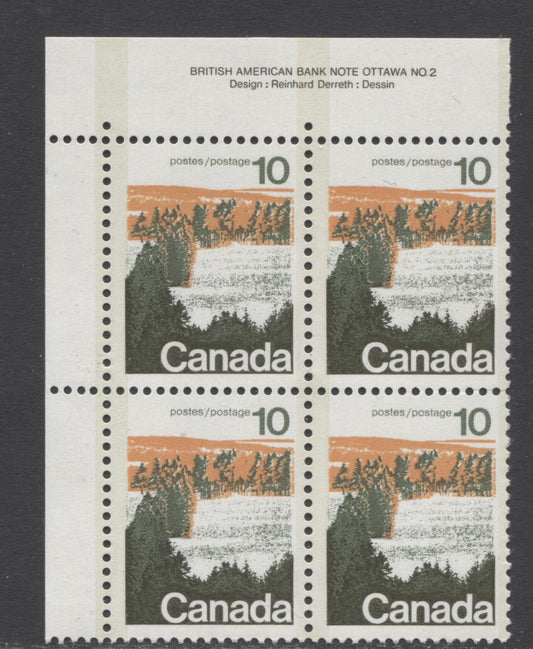Lot 11 Canada #594x 10c Multicolored Forest, 1972 Landscape Definitives, A VFNH UL Block Of 4 With LF/F Smooth Paper, Solid Background, Type 2, Perf 12.5 x 12, 4mm OP2 Tagging