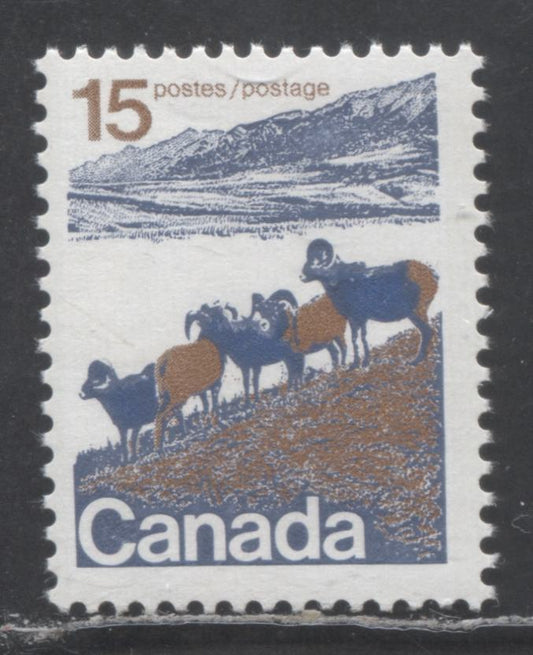 Canada #595var 15c Multicolored Mountain Sheep, 1972 Landscape Definitives, A FNH Single With DF Blue/Gray/Fluorescent Yellow, OP4 Migrated Tag, Vertical Ribbed, Semi Solid Background, Type 1, Perf 12.5 x 12