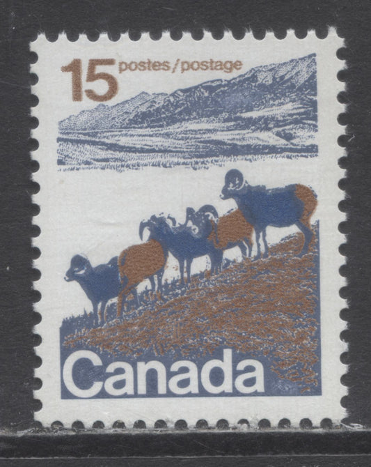 Canada #595var 15c Multicolored Mountain Sheep, 1972 Landscape Definitives, A VFNH Single With DF Gray Blue/Fluorescent Yellow, Ghost Print & Rump Of Right Sheep, Heavily Migrated OP4 Tag