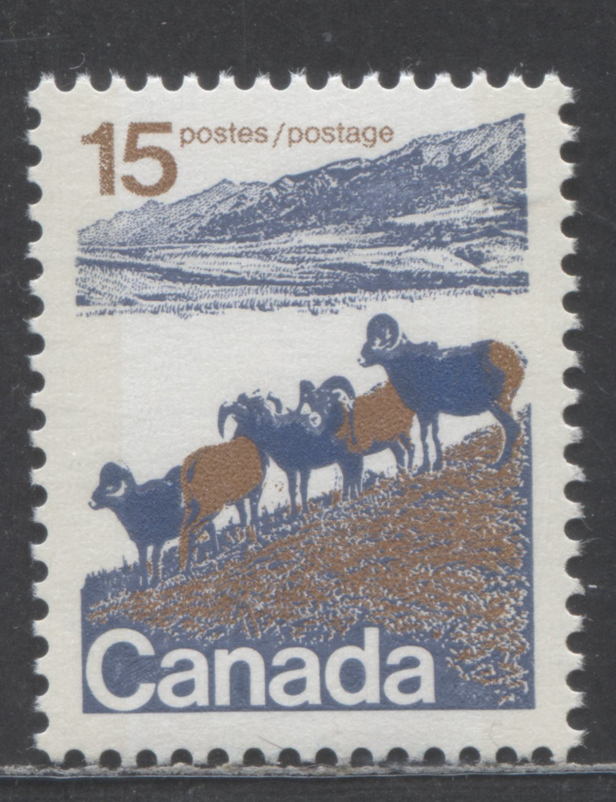 Lot 84 Canada #595xivar 15c Multicolored Mountain Sheep, 1972 Landscape Definitives, A VFNH Single With NF Gray/NF-fl Gray Vertical Ribbed Paper, Blue Tail Variety, W2B Tagged Flecked Paper, Containing A Sparse Concentration Of LF + MF Fibers