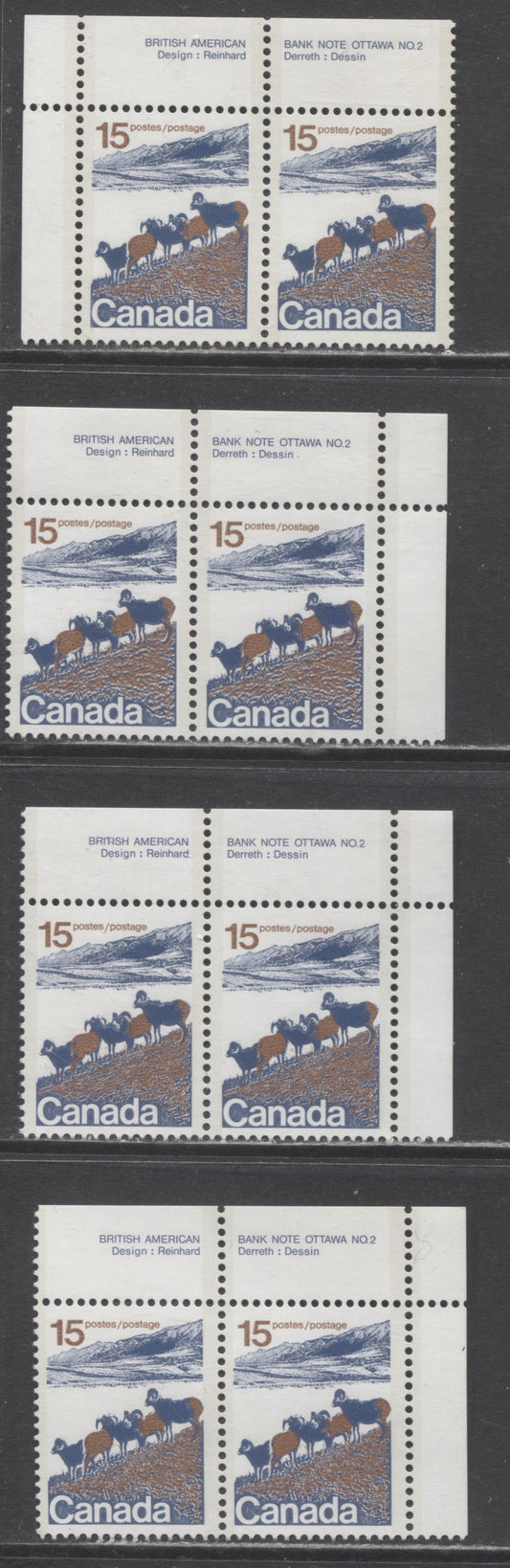Canada #595a,aiv,av 15c Multicolored Mountain Sheep, 1972 Landscape Definitives, 4 VFNH Plate Pairs With DF/LF-fl, DF/F-fl & LF/MF-fl Papers, Type 2, Perf 13.3, Solid Background