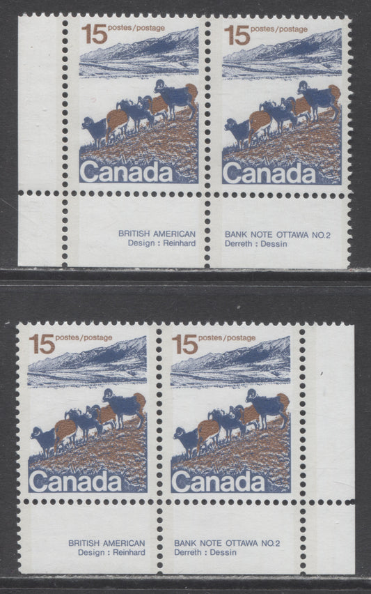 Canada #595aiv 15c Multicolored Mountain Sheep, 1972 Landscape Definitives, 2 VFNH Plate Pairs With Two Varieties Of DF/LF-fl Paper, Raised Rump Variety, Type 1, Perf 13.3, Solid Backgrounds