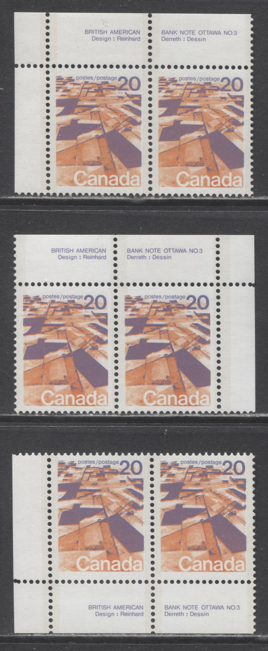 Canada #596aii, 596aiii 20c Multicoloured Prairies, 1972 - 1977 Landscape Definitives Issue, 3 VFNH Corner Pairs On DF/F, DF/F, DF-fl/F & DF-fl/MF Papers, Perf 13.3