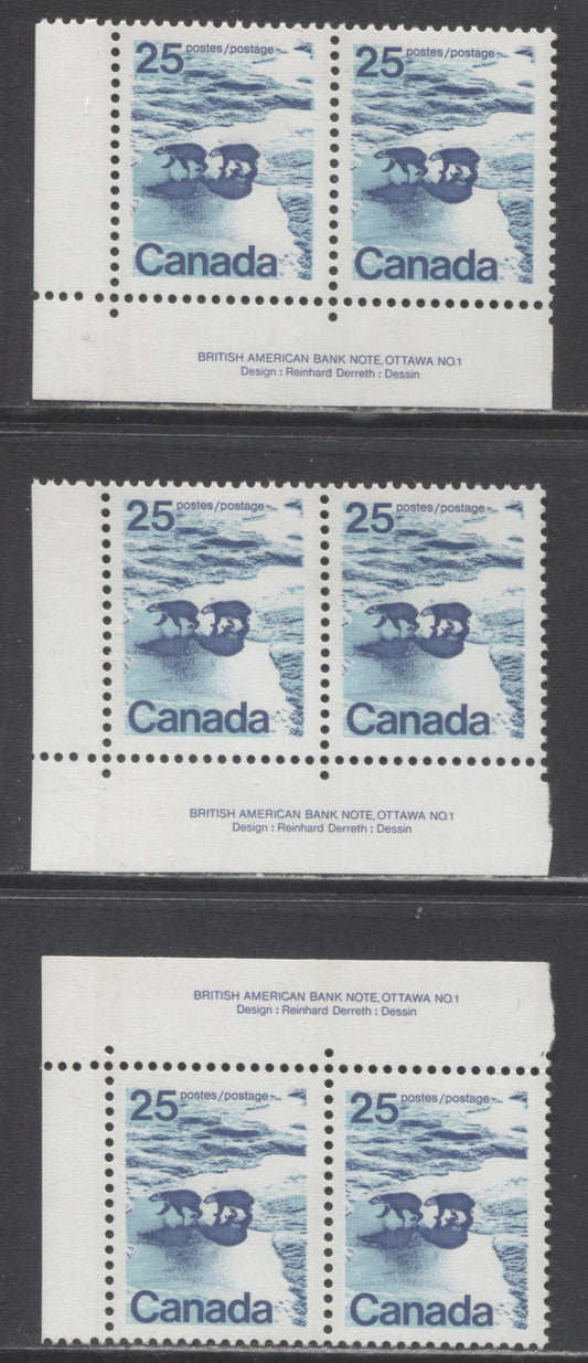 Canada #597 25c Multicoloured Polar Bears, 1972 - 1977 Landscape Definitives Issue, 3 VFNH Plate Inscription Pairs OP4 Tagging,Vertical Ribbed Paper, Yellow & Bluish White Tag Bars & Migrated Tag. Type 1 Perf 12.5x12