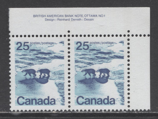 Canada #597var 25c Multicoloured Polar Bears, 1972 - 1977 Landscape Definitives Issue, A VFNH Plate Pair With Water On Ice Variety, OP4 Fully Migrated Yellow Tag, Greenish Blue Shade. NF Blue Grey. Type 1 Perf 12.5x12