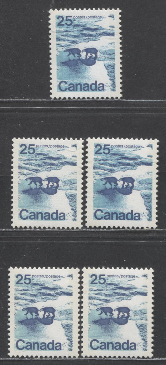 Canada #597iii 25c Multicoloured Polar Bears, 1972 - 1977 Landscape Definitives Issue, 5 VFNH Singles W2B Vertical Ribbed On NF/NF, NF/DF & NF/NF-fl Papers, Greenish Blue & Baby Blue Water. Type 1 Perf 12.5x12