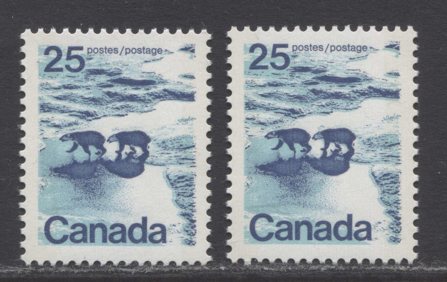 Canada #587iii var 25c Multicoloured Polar Bears, 1972 - 1977 Landscape Definitives Issue, 2 VFNH Singles Water On Ice Varieties, W2B Vertical Ribbed NF/DF & NF/LF-fl Papers. Type 1 Perf 12.5x12