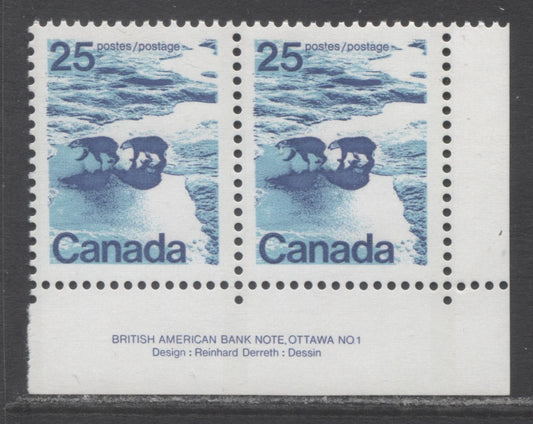 Canada #597i 25c Multicoloured Polar Bears, 1972 - 1977 Landscape Definitives Issue, A VFNH Plate 1 Pair OP2 3mm Tag, Horizontal Ribbed NF Grey Blue/DF Bluish Grey Paper, Baby Blue Water. Type 1 Perf 12.5x12