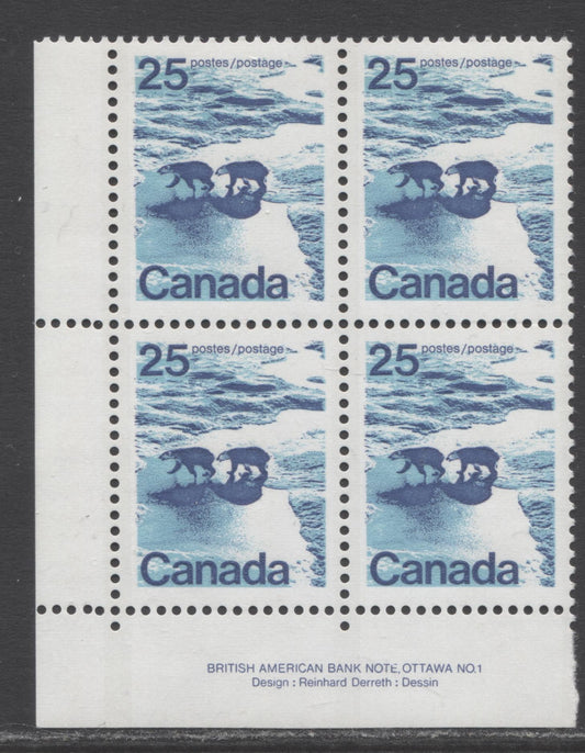 Canada #597i 25c Multicoloured Polar Bears, 1972 - 1977 Landscape Definitives Issue, A VFNH LL Corner Block Of 4 OP2 3mm Horizontal Ribbed NF Grey Blue/DF Bluish Grey Paper, Baby Blue Water. Type 1 Perf 12.5x12
