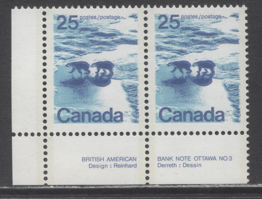 Canada #597aii var 25c Multicoloured Polar Bears, 1972 - 1977 Landscape Definitives Issue, A VFNH Pair Water On Ice Variety On DF/MF Paper. Type 2 Perf 13.3