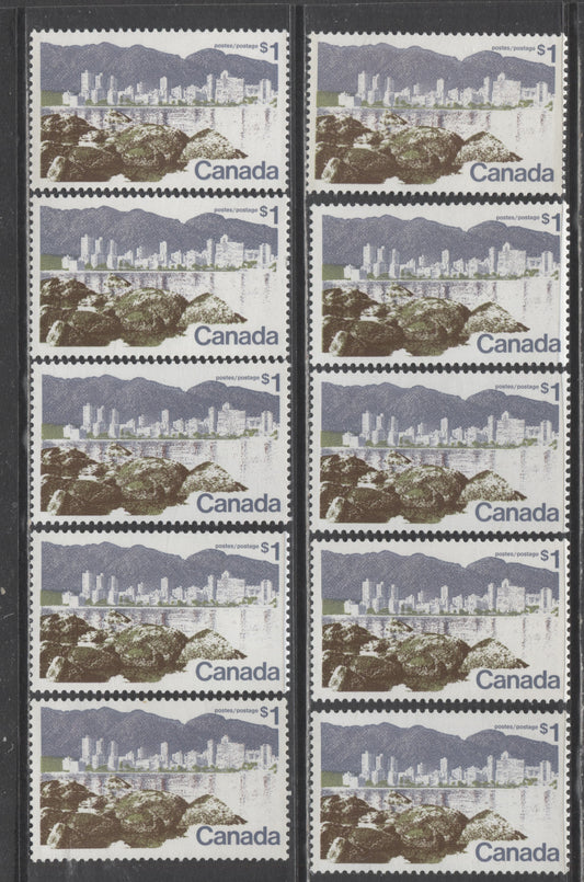 Lot 12 Canada #599ii,iii $1 Multicolored Vancouver, 1972 Landscape Definitives, 10 VFNH Singles With NF & LF Papers, Strong & Weak Tags, Perf 12.5 x 12, 3.5 & 4mm OP2 Tagging