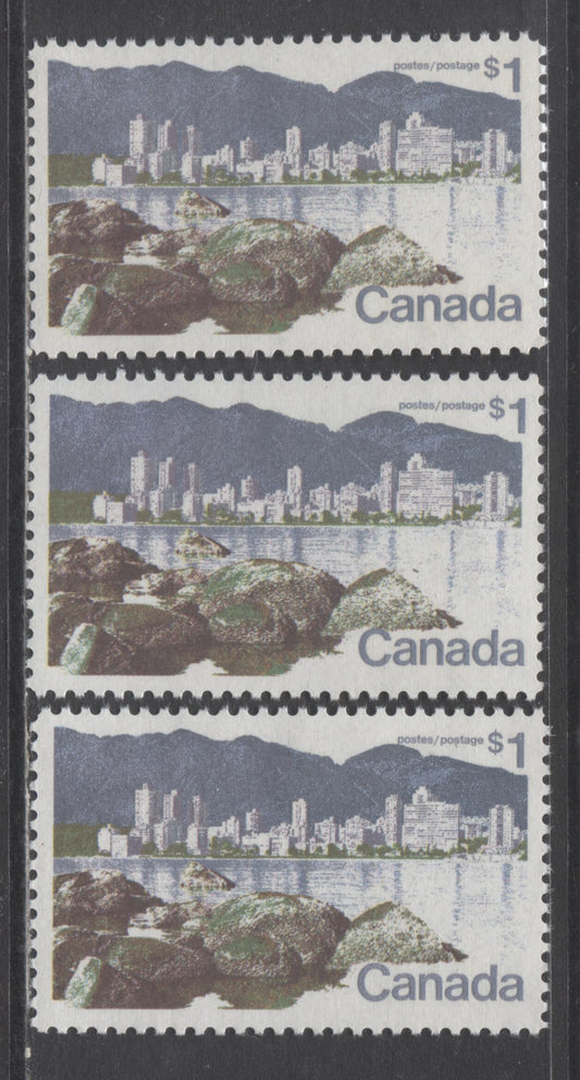 Lot 2 Canada #600 $1 Multicolored Vancouver, 1972 Landscape Definitives, 3 VFNH Singles On Unlisted LF Flecked Vertical Wove Papers, Different From Lots 267 & 269, Perf 11