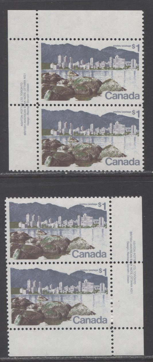 Lot 44 Canada #600 $1 Multicolored Vancouver, 1972 Landscape Definitives, 2 VFNH Plate Pairs On Two Types Of Unlisted LF Flecked Paper, Perf 11,