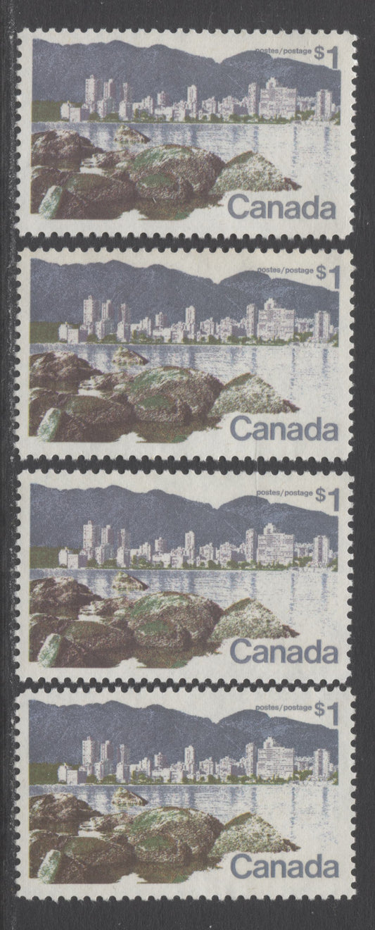 Canada #600 $1 Multicolored Vancouver, 1972 Landscape Definitives, 4 VFNH Single On 4 Types Of LF-fl & LF/DF Vertical Ribbed Papers, Different From Lots 265 & 269, Perf 11