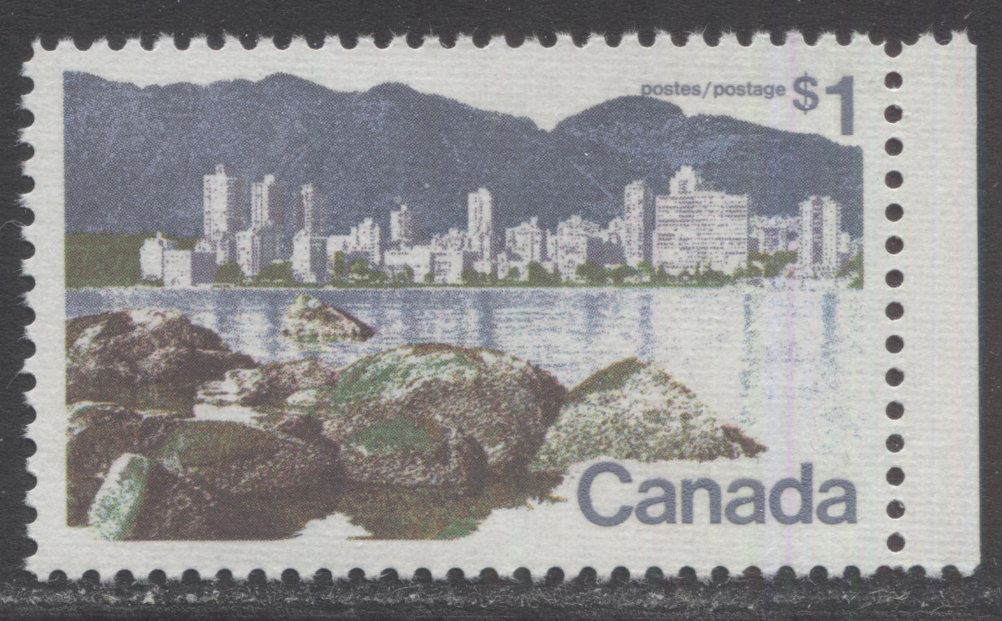 Canada #600i $1 Multicolored Vancouver, 1972 Landscape Definitives, A VFNH Single On DF Bluish Gray Horizontal Ribbed Paper, Perf 11