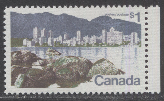 Canada #600i $1 Multicolored Vancouver, 1972 Landscape Definitives, A VFNH Single On DF Bluish Gray Horizontal Ribbed Paper, Perf 11